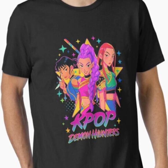 Fire! KPop Demon Hunters Huntrix Black T-shirt Tee Dopamine XL Unisex - Picture 2 of 2